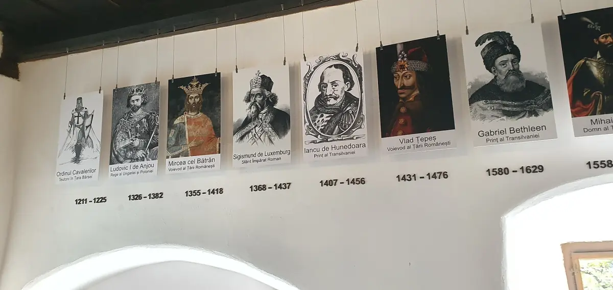 Row of portrait drawings of historical rulers on an exhibition wall
