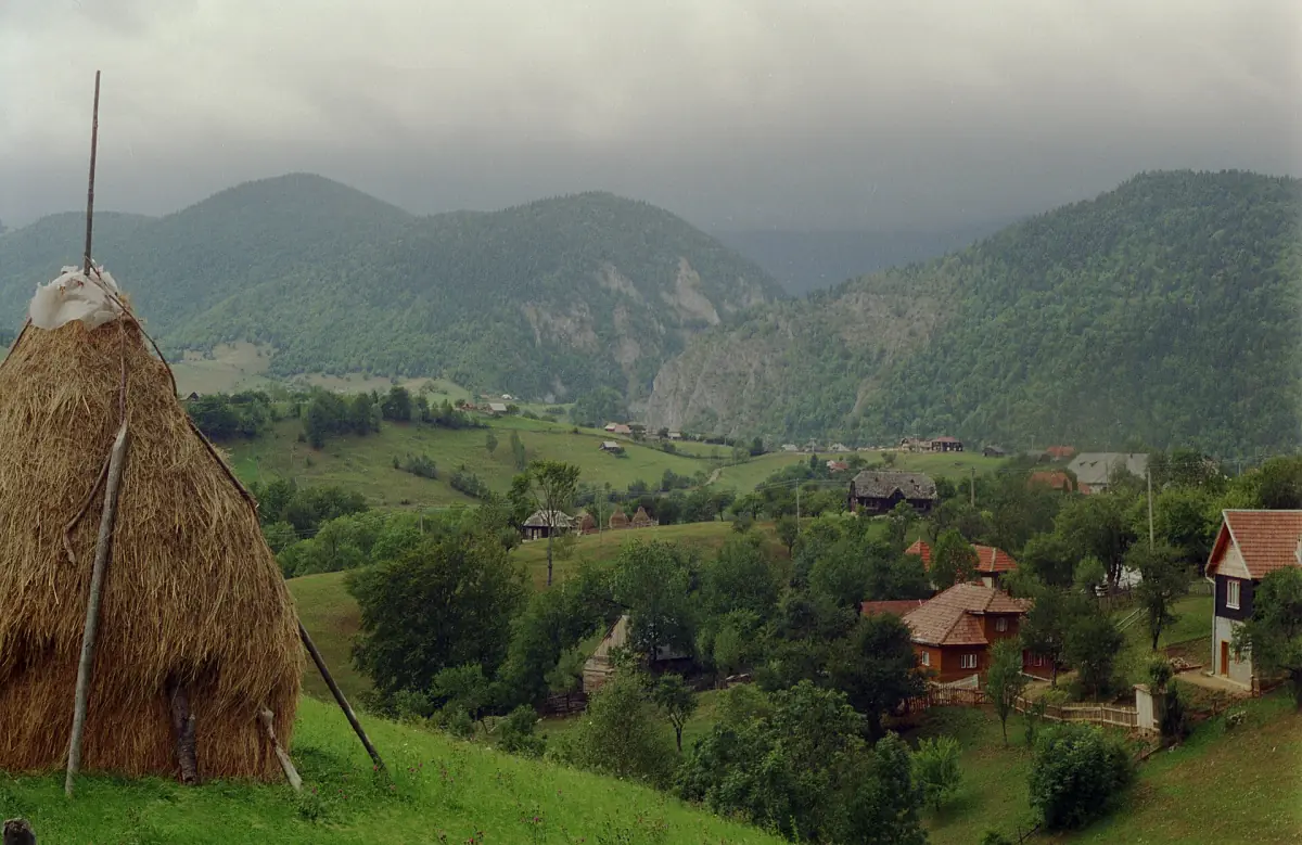 Scattered houses and a haystack on a green hillside in a Carpathian valley below forested mountains