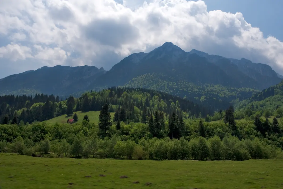 Piatra Craiului mountain ridge rising above forest and green meadows under cloud